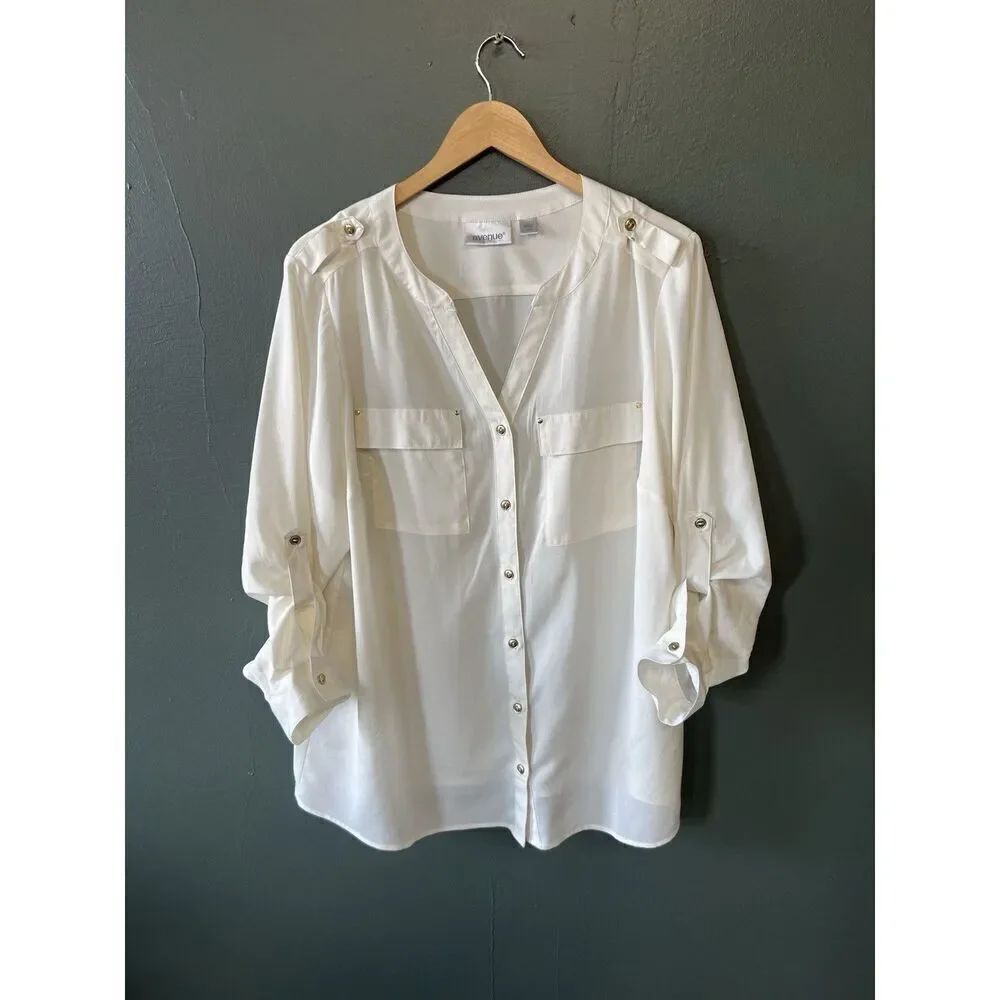 Avenue Womens White Long Sleeve Sheer Button Up Shirt Size 18/20